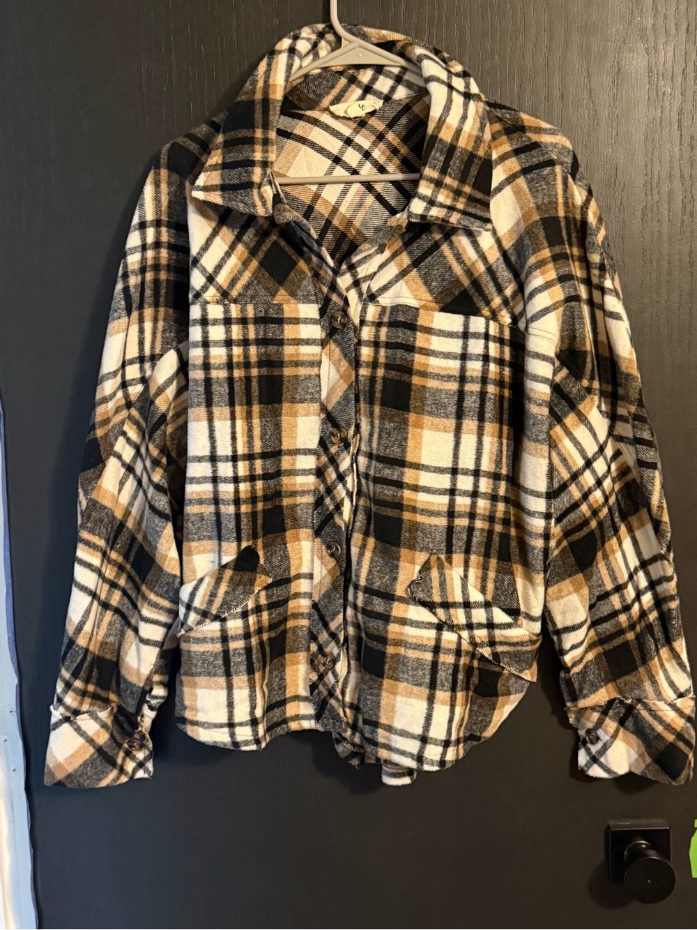 Plaid Button-Down Shirt Jacket in Black, Cream & Tan